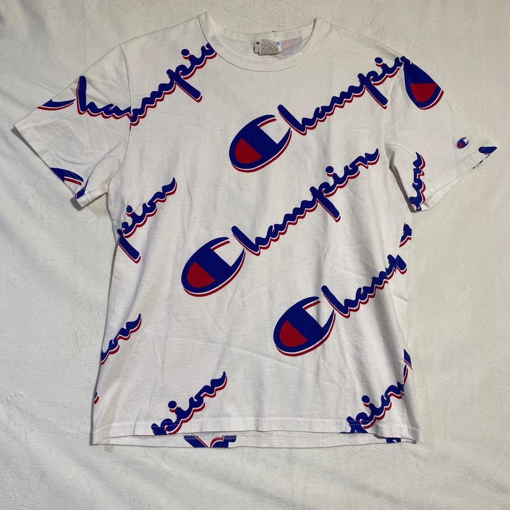 Champion Mens All Over Print Script Logo T-Shirt White Red Blue Medium T1919S
